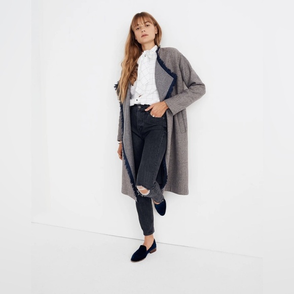 Madewell Fringed Herringbone Robe Coat Large XL gray navy wool blend open light - Picture 2 of 16